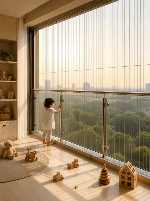 Child at a window protected by invisible grill cables