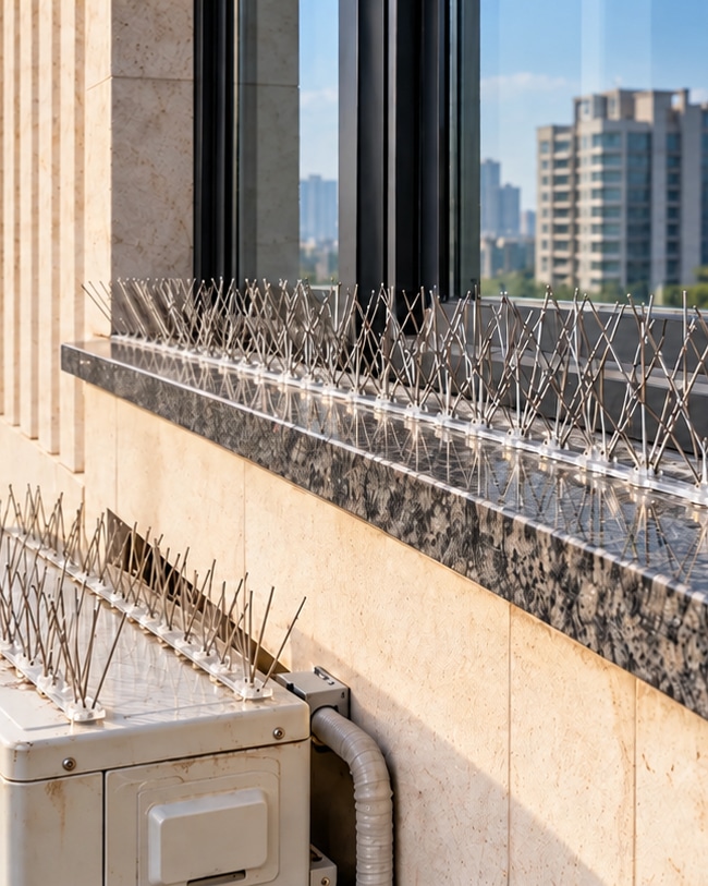 Stainless steel bird spikes along a window ledge beside an AC unit