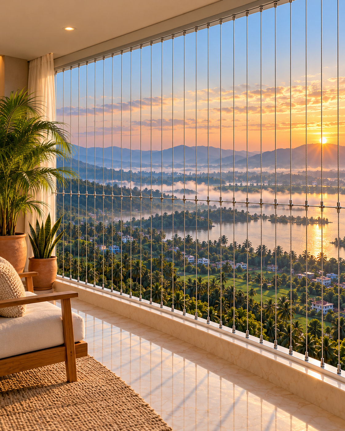 Balcony with slim invisible grill cables looking out over the misty Godavari delta, coconut groves and green paddy fields at sunrise in Andhra Pradesh