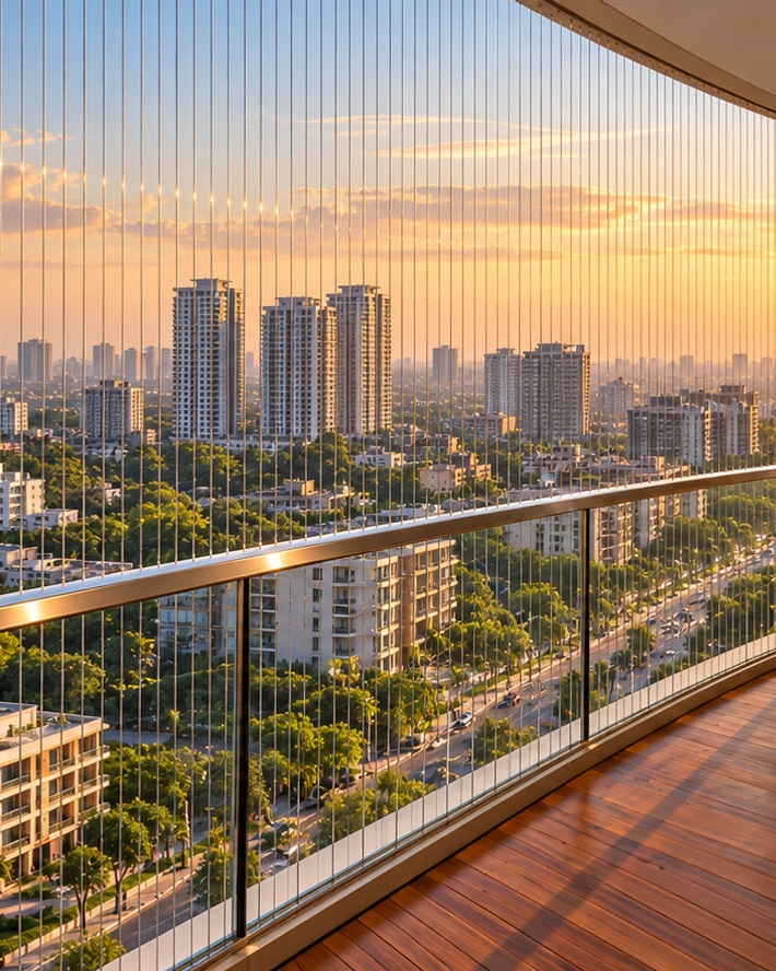 Sea-facing balcony protected by slim invisible grill cables