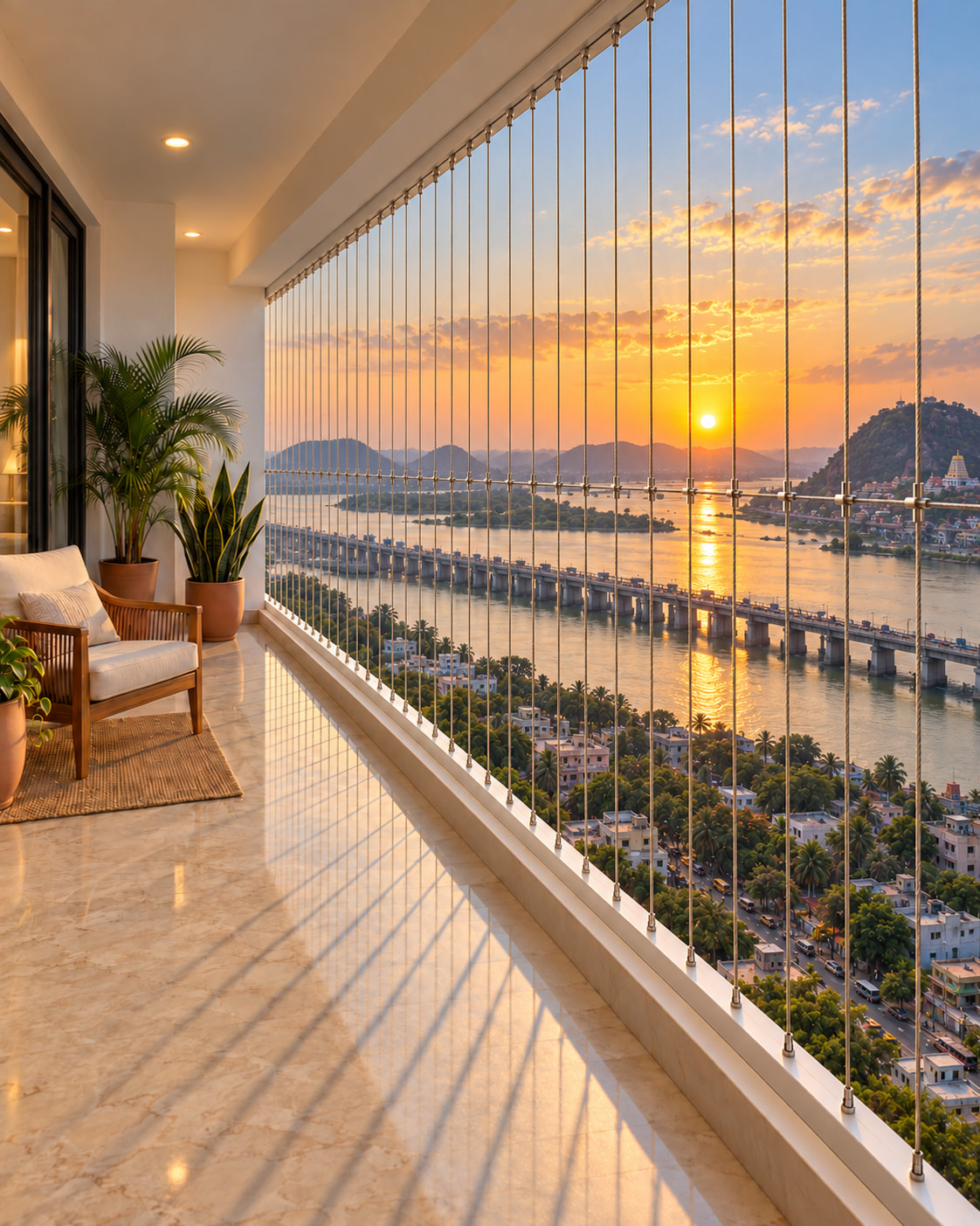 Balcony with invisible grills overlooking the Krishna river in Vijayawada at sunset