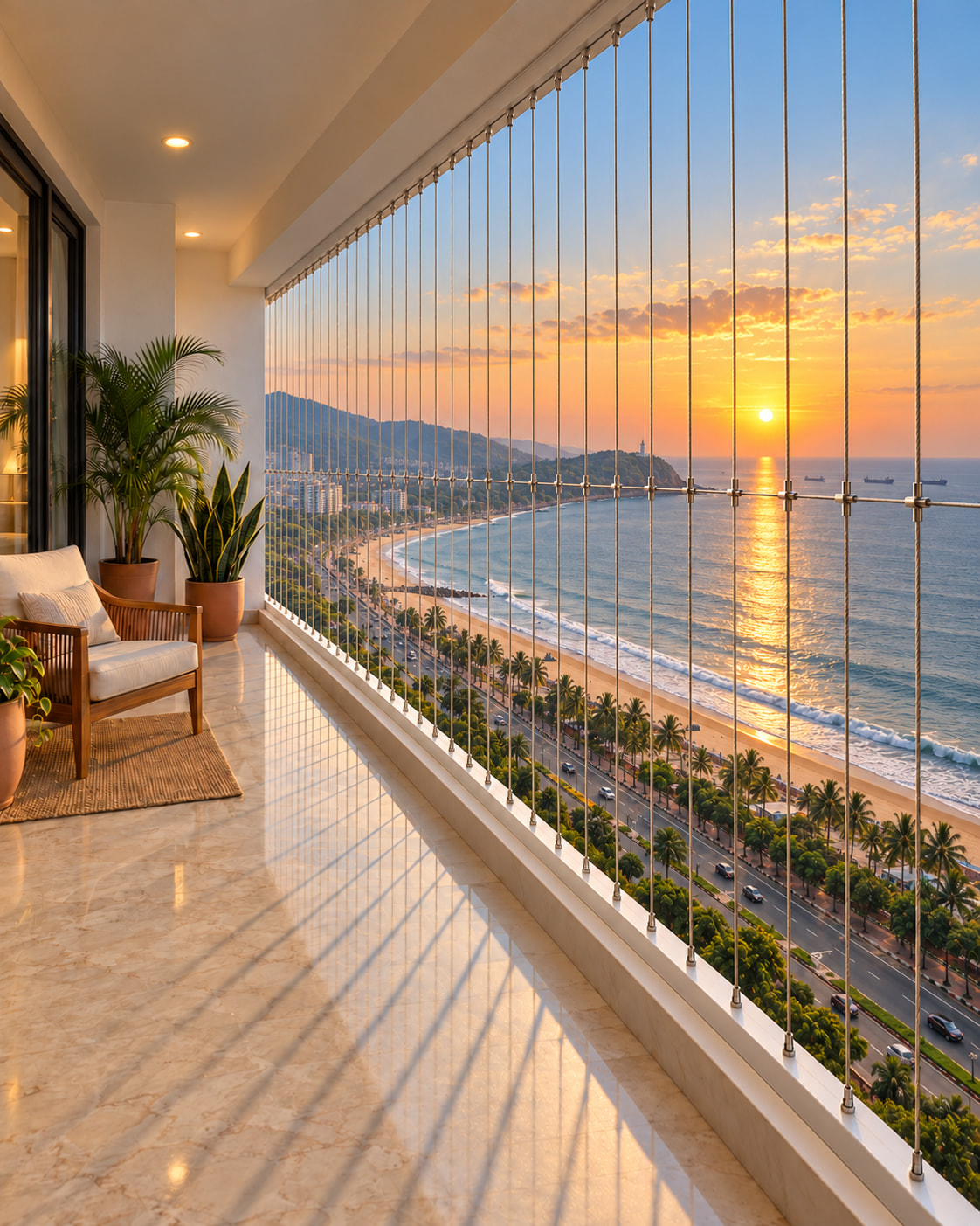 Sea-facing balcony with invisible grills above the beach road in Visakhapatnam