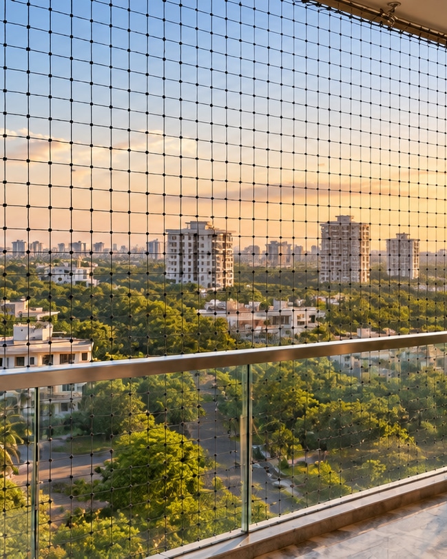 Balcony enclosed with a strong monkey safety net, trees beyond