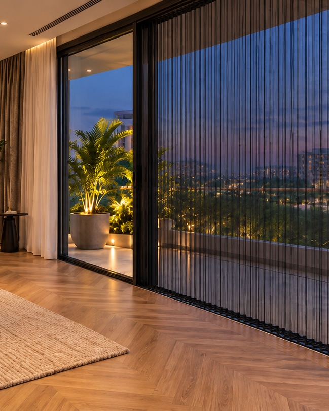 Bedroom balcony door fitted with a fine mosquito mesh at dusk