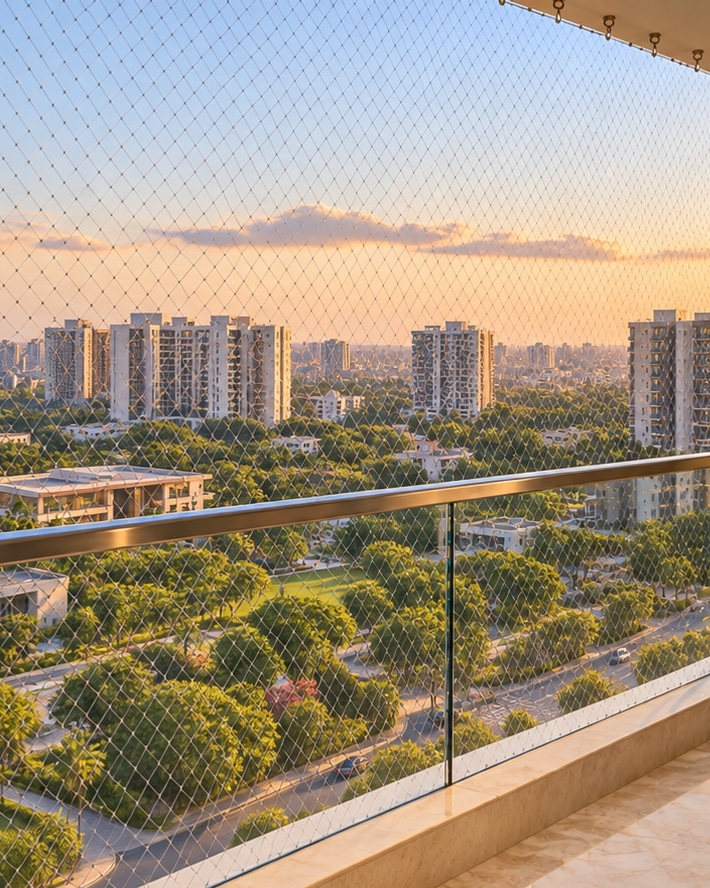 High-rise balcony fitted with a fine safety net, city view beyond