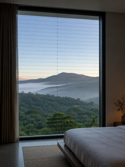 Bedroom window fitted with invisible grill cables